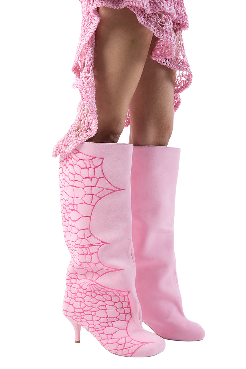 Spicie Brand Pink suede leather boots with web design